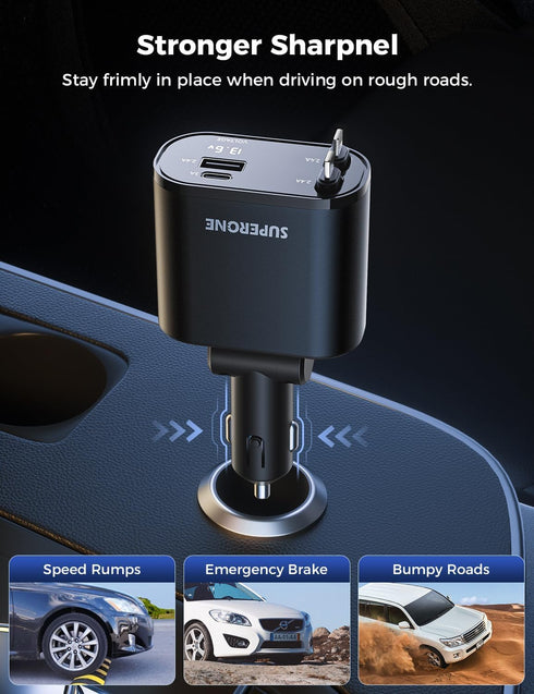 SUPERONE 4-in-1 Car Charger with Retractable Apple Cords, USB C Adapter for iPhone 15/14/13/12/11 Pro Max