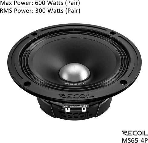 RECOIL MS65-4P 6.5-Inch Midrange Pro Audio Car Speakers, 600 Watts Max, 300 Watts RMS, Premium Quality Door Speakers