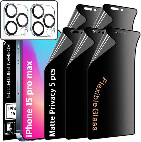 TUFF STONE iPhone 15 Pro Max 5G Screen Protector: 5 MattePrivacy Glass + 2 Lens Protectors, 9H Hardness, Shatterproof.