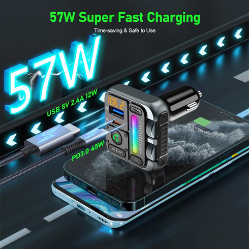 Bluetooth 5.3 FM Transmitter Car Adapter - SOARUN Car Charger 57W, Wireless FM Radio Transmitter, Hands-Free Calling
