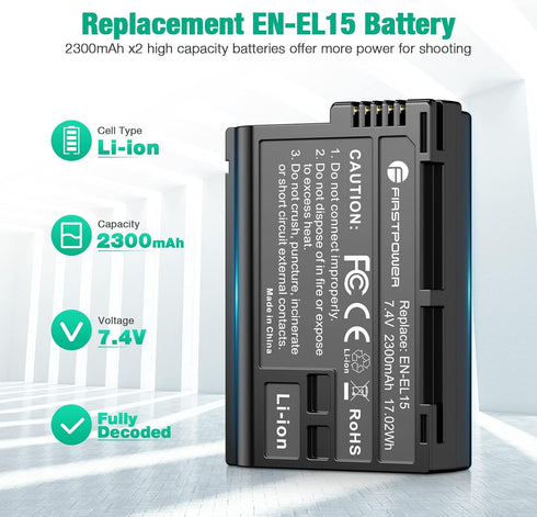 FirstPower EN-EL15 EN EL15a/EL15b Batteries for Nikon Z6 Z7 D750 D850 D7000 D7500 D7100 D7200 D500 D600 D610 D800 D800e