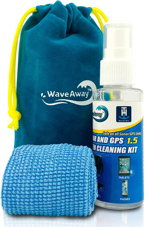 Wave Away Sonar & GPS Screen Cleaner with Micro Fiber Cloth - 1.5oz Spray, Wipe, Shine for Boating & Fishing