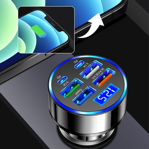 6 Port Fast USB Car Charger (PD+QC3.0) with LED Digital Display, Universal Car Charger Adapter for 12V/24V