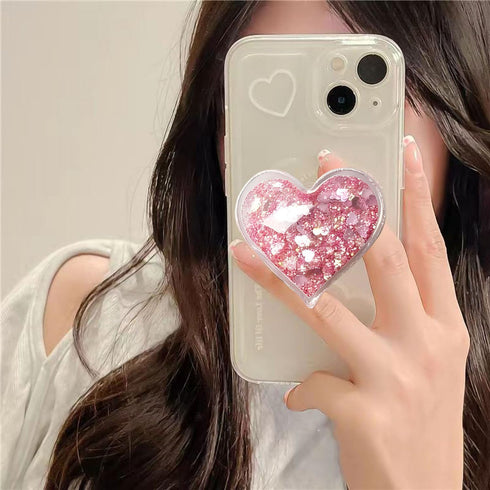 Cute Heart-Shaped Expanding Phone Grip - Pink Quicksand Glitter Collapsible Mount Holder for Girls Women