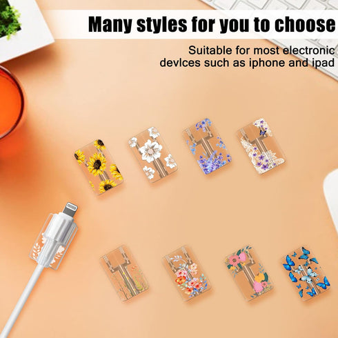 Cute Floral Cable Protector for iPhone Charger, Red Rose Wild Flower Bouquet Butterfly Cherry Blossoms Pattern, 4 pcs