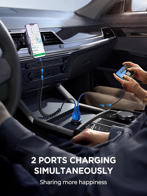 JOYROOM 4.8A Car Phone Charger, Mini All Metal Cigarette Lighter USB Charger with Type C Coiled Cable for iPhone 15 Pro