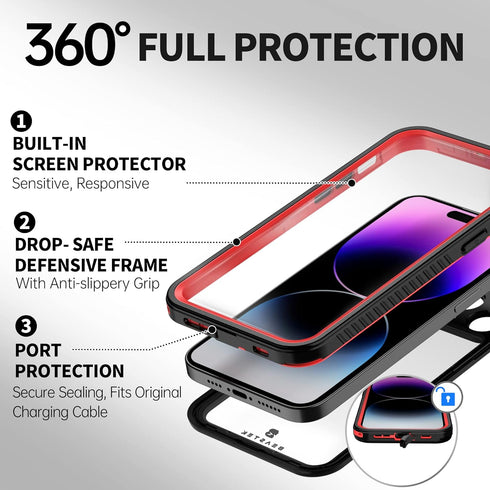 BEASTEK iPhone 14 Pro Max Waterproof Case, FSN Series Underwater Shockproof with Built-in Screen Protector, Red