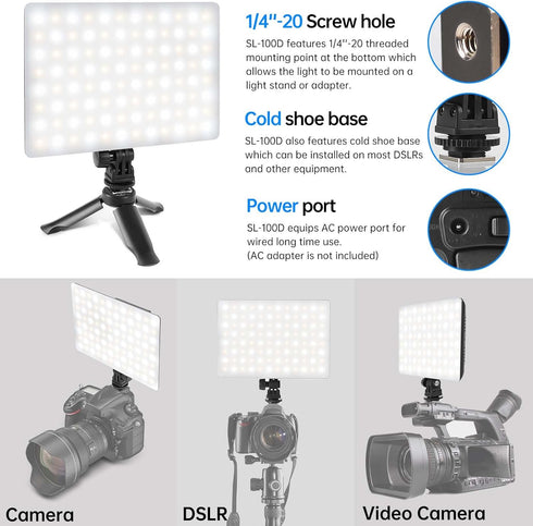 SL100D LED Video Light, Bi-Color on Camera, Continuous Dimmable Photography Lighting, Portable Studio LED Panel