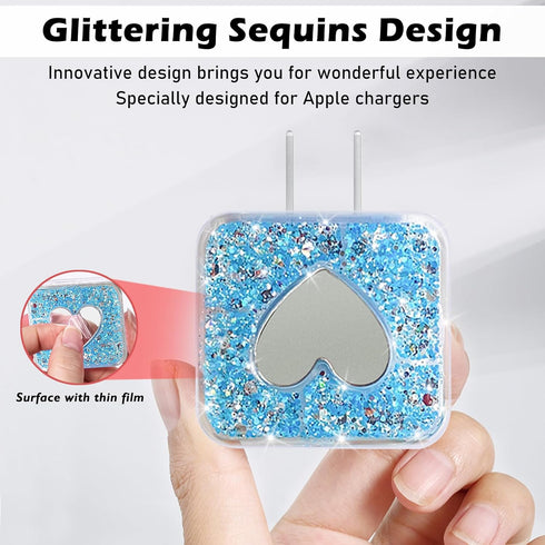 Bling DIY Cable Protector for iPhone Power Adapter, Cute Sparkle Love Heart Design, USB Case Wire Cable Saver (Blue)