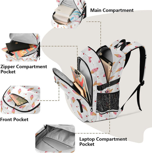 Msyxl Backpack 14" 30L Ice Cream Cones School with Laptop Compartments and Reflective Straps, Fits Laptop, Capacity