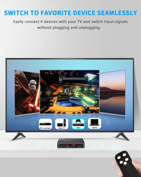 4K HDR HDMI Switch, Koopman 4 Ports 4K 60Hz HDMI 2.0 Switcher with IR Wireless Remote, Supports UltraHD Dolby Vision