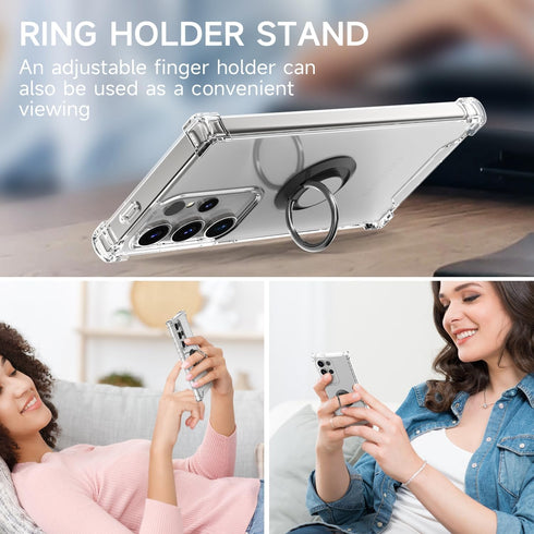 for Galaxy S24 Ultra Case Clear with 360 Rotation Metal Ring Holder Stand, Support Magnetic Car Phone Mount Soft TPU Bumper PC Hard Protective Phone Case for Samsung S24 Ultra 5G (Clear)