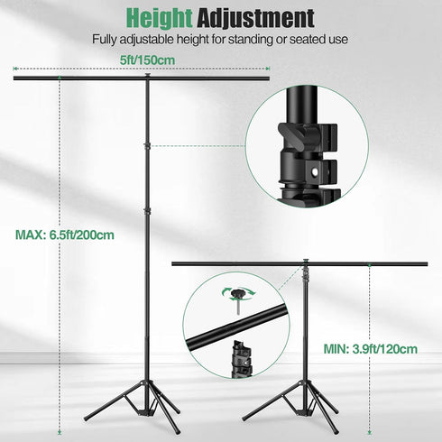 Qoolfoto 57ft 5 Green Screen Backdrop Kit, Portable Greenscreen Background with Adjustable T-Shaped Stand, Clamps