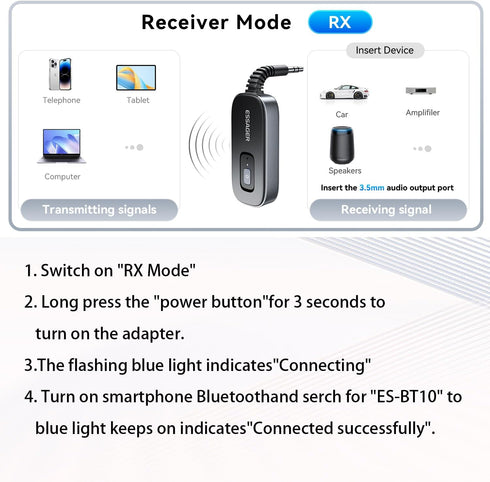 ESSAGER 3.5mm Bluetooth Receiver for Car, Noise Cancelling AUX Bluetooth Car Adapter, Wireless Audio Receiver