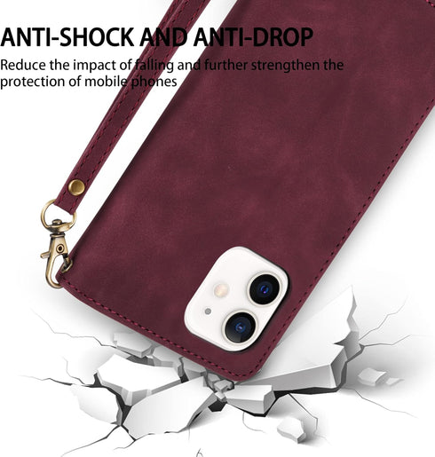 ZZXX iPhone 12 Mini Wallet Case with Card Slot - Premium Soft PU Leather Zipper Flip Folio, Wine Red