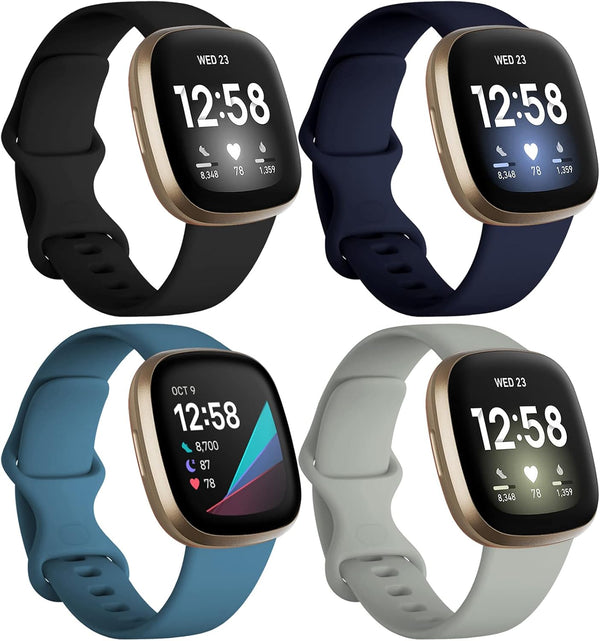Dirrelo Bands for Fitbit Versa 3 & Sense, 4-Pack Replacement TPU Sport Wristbands for Men Women (Black Dark Blue Indigo