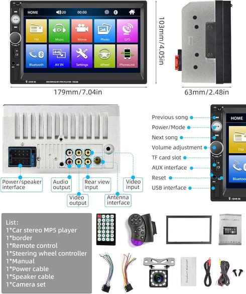 UNITOPSCI Double Din Car Stereo, 7 Inch Touch Screen Radio with Bluetooth, Hands-Free Calls, Backup Camera, FM Radio
