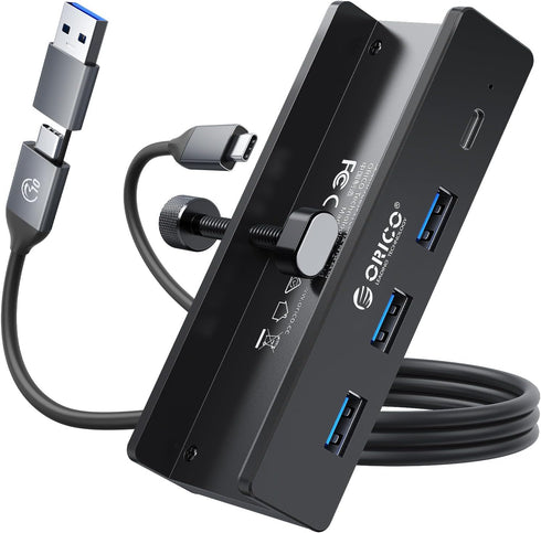 ORICO USB Hub 3.0, Clamp USB Hub with Extra Power Supply Port, 4-Port USB Adapter for Monitors, Desks