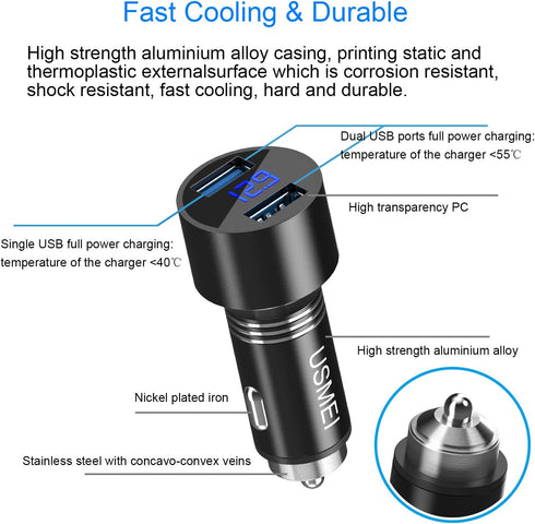 USMEI Quick Charge 3.0 Car Charger, 39W Dual USB Charger Adapter with Voltmeter, Compatible with iPhone 15/14/13,