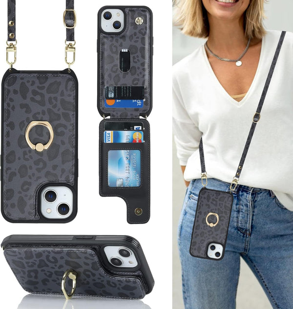 iPhone 13 Case with Card Holder for Women, Phone Case with Strap, Crossbody Lanyard, Ring Stand, Snap Clasp, Cute