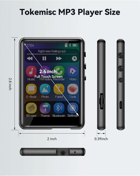 tokemisc 64GB MP3 5.3, Mp3 Mp4 256GB Player with Bluetooth Full Touch Screen Music Player Built-in Speaker,FM