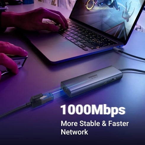 UGREEN Revodok 7 in 1 USB C Hub - Gigabit Ethernet Adapter with 4K@60Hz HDMI, 100W PD Charging, USB A Data Ports, SD/TF