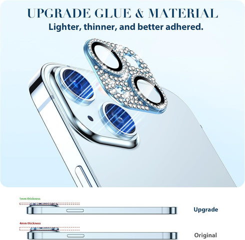 Goton Camera Lens Protector for iPhone 15 Plus, Bling Tempered Glass with Glitter Diamond Metal Cover, Blue