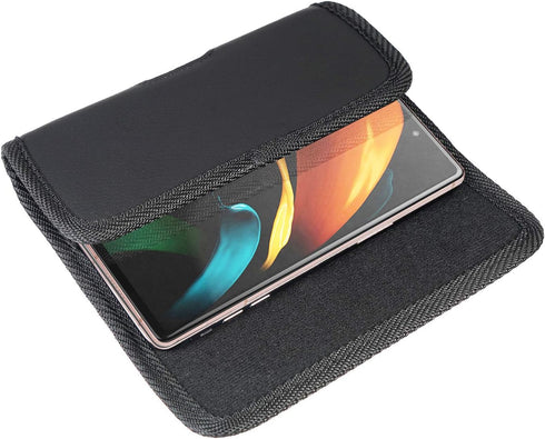 Nakedcellphone Case for Galaxy Z Fold 5 Phone - Black Vegan Leather Horizontal Pouch with Metal Belt Clip, Magnetic