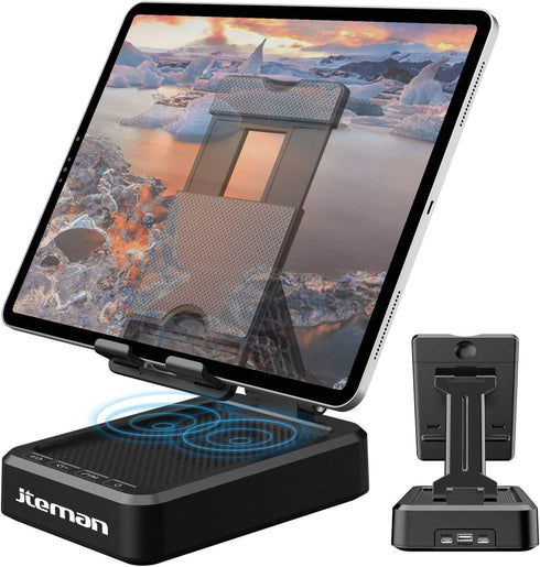 JTEMAN Tablet Stand Adjustable with Bluetooth Speakers - Kitchen Gadgets, Wireless Speaker Tablet Holder, Desk Mic