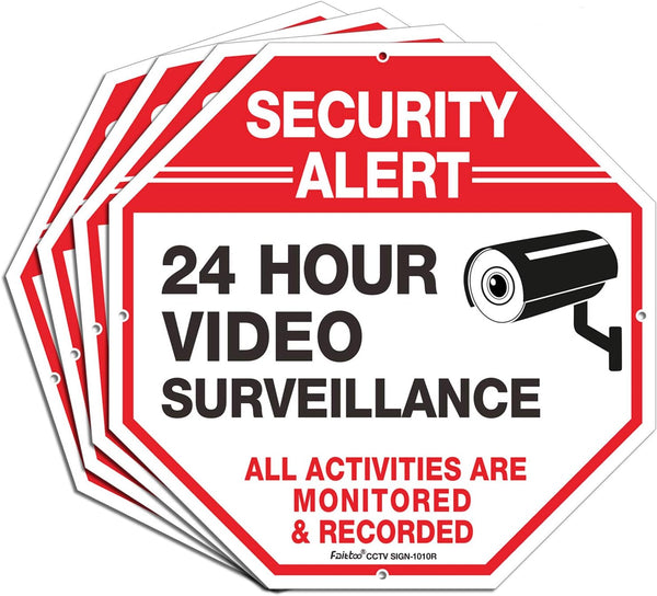 (4 Pack) "Security Alert, 24 Hour Video Surveillance" Signs, 10x10 Inches Aluminum Reflective Warning Sign