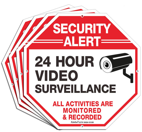 Video Surveillance Sign, 4 Pack 10 x 10 Rust Free Aluminum Security Warning Signs for Home Business