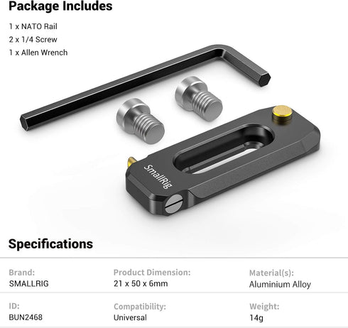 SMALLRIG Universal Low-Profile Quick Release NATO Rail 50mm/2inches Long with 1/4'' Screws for Camera Cage EVF Mount