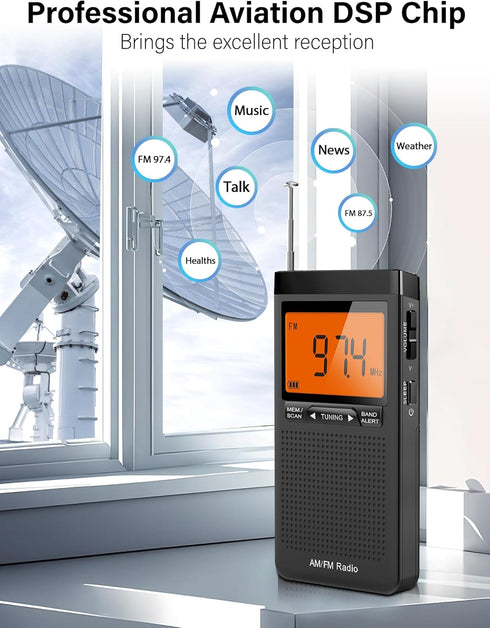 AM FM Portable Radio Personal Radio with Excellent Reception Battery Operated by 2 AAA Batteries with Stero Earphone, Large LCD Screen, Digtail Alarm Clock Radio