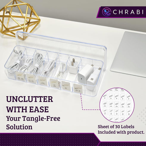Set of 3 Cable Organizer Box with Labels, Stackable Cord Organizer Box with Lids for Desk, Charger Box Organizer