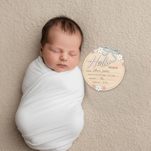 6 Inch Wooden Baby Announcement Sign Round Birth Stat Plaque with Floral and Bow Design (Blue)