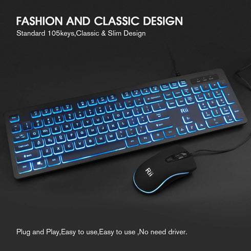 Rii Wired Keyboard and Mouse Combo, Three Colors Backlit, Quiet Input Gaming Set for School and Office