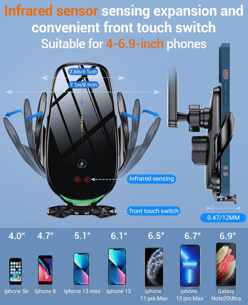 Wireless Car Charger, 15W Fast Auto-Clamping Charger for iPhone 15 14 13 12 11 Pro Max, Samsung Galaxy S23 Ultra S22