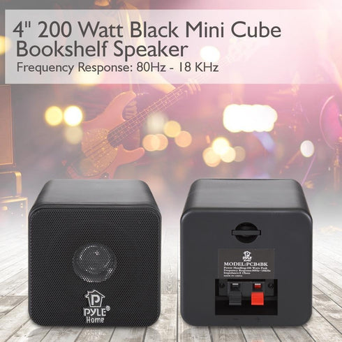Pyle Home 4” Mini Cube Bookshelf Speakers, 200 Watt Power, 8 Ohm Impedance, 1 Pair, Black - PCB4BK
