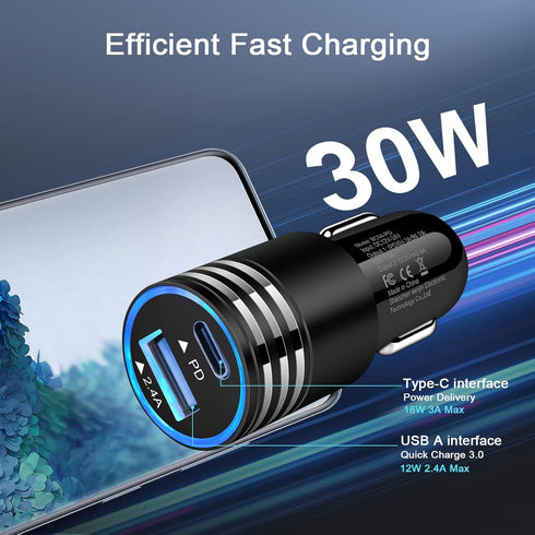 USB C Car Charger Adapter Plug Fast Charging for Moto Edge 5G UW/One 5G UW ace/G Power/G Stylus/G Play, Samsung Galaxy A13/A03S/A02S/A12/A11/S22/S21/S20/S10, 30W Type C+USB A Cigarette Lighter Charger