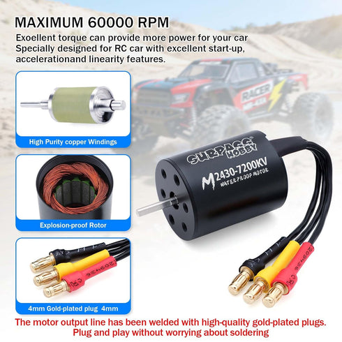 Surpass Hobby USA 2430 7200KV 2mm 1/16 1/18 SurpassHobby Brushless Motor Shaft High Speed Waterproof Motor