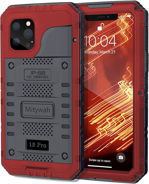 Mitywah Heavy Duty Waterproof Case for iPhone 12 Pro, Shockproof with Built-in Screen Protector, 6.1 Inch, Red