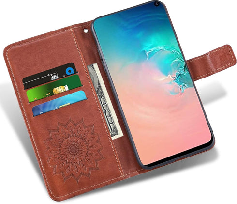 Samsung Galaxy S10e Wallet Phone Case with Tempered Glass Screen Protector, Magnetic Flip Cover, Card Holder (Brown)