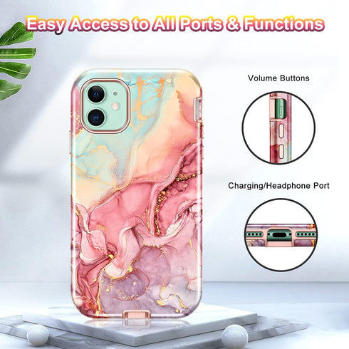 CASEFIV iPhone 11 Case, Rose Gold Marble Pattern, 3-in-1 Heavy Duty Shockproof, Full Body Rugged PC+Soft Silicone Cover.