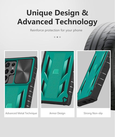 Case for Samsung Galaxy S22 Ultra: Rugged Protective Mobile Phone Cover with Kickstand & Slide - Green