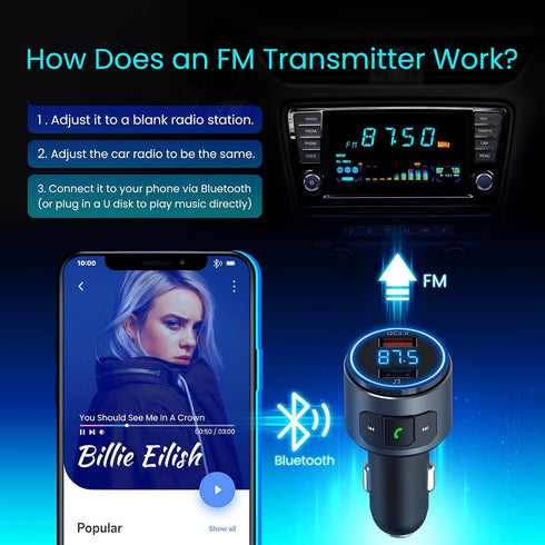Upgraded V5.0 Bluetooth FM Transmitter Car, Wireless Adapter with QC3.0, LED Backlit, Hands-Free Calls