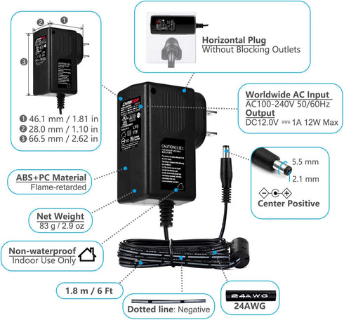 CHANZON 12V 1A 12W Power Supply AC DC Switching Adapter - 12 Volt 1 Amp Wall Wart Converter