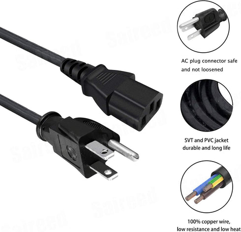 3 Prong Power Cord Replacement for for Viewsonic PJ452 PJD5155 VX2452MH N1930W VA2759-SMH VA2033-LED DiamaniDuo Optiquest Q9 Projector Monitor Power Cord 8ft C13 AC Cable