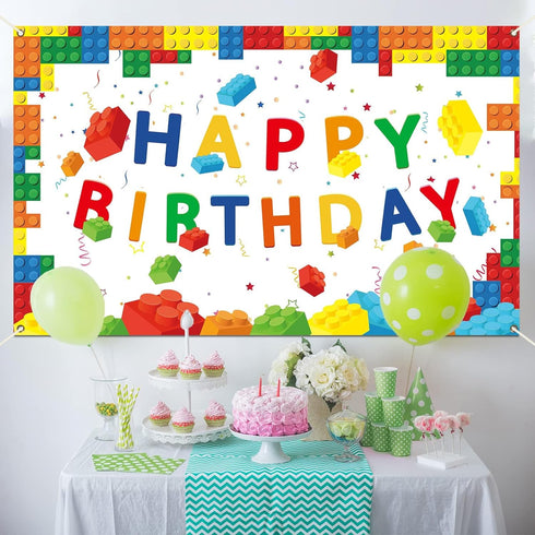 chiazllta 71 43 Building Blocks Happy Birthday Banner Colorful Blocks Birthday Party Decorations Backdrop Photography