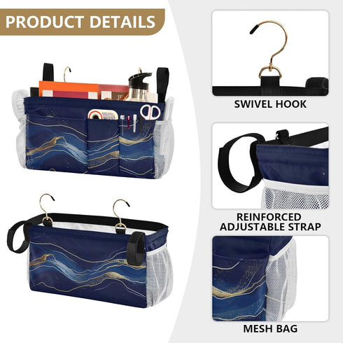 Amooorous Bedside Storage Caddy For Dorm Table Cabinet Storage Organizer for Bed Rails Deep Blue-gold Marble Texture