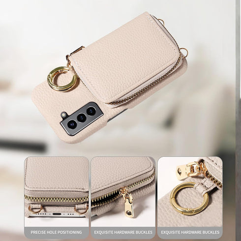 Furiet Wallet Case for Samsung Galaxy S21 5G, Shoulder Strap Ring Buckle, Luxury PU Leather Zipper Flip Organ Purse